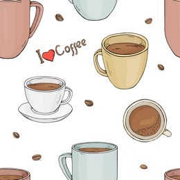 seamless pattern with cups of different sizes and shapes and with coffee beans. vector illustration in sketch style.