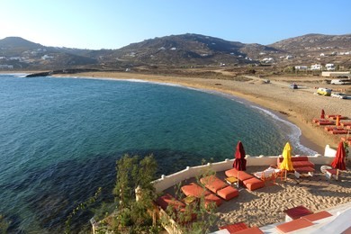 photo from famous beach of ftelia in island of mykonos , cyclades, greece