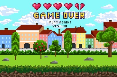 game over pixel are design with city landscape, sky and trees. pixel inscription "game over.play again?" with five hearts. vector illustration.