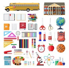big school set. different school supplies, stationery. note globe paint pencil pen calculator backpack clock scissors ball apple building schoolbus ruler atom. vector illustration in flat style