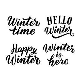 hand drawn lettering winter phrase, hello winter, happy winter for print, card, banner. typography design element set.