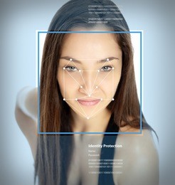 female face with lines from a facial recognition software