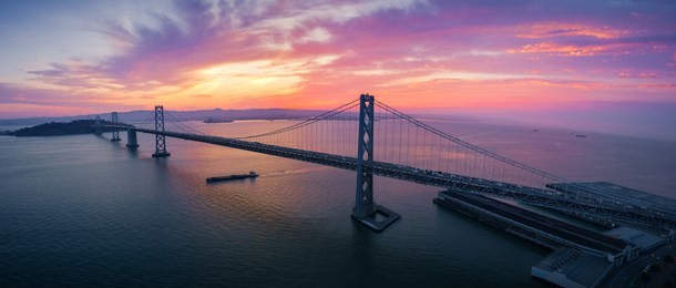san francisco-oakland bay bridge at sunrise, california, usa