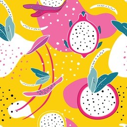exotic colorful tropical fruits dragon fruit pitaya pitahaya slices flowers and abstract elements seamless background pattern unique hand drawn stylish design