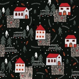 christmas village church house vector pattern, hand drawn black red seamless festive backdrop illustration for holidays fashion prints, stationery, xmas decor, gift wrapping , seasonal backgrounds