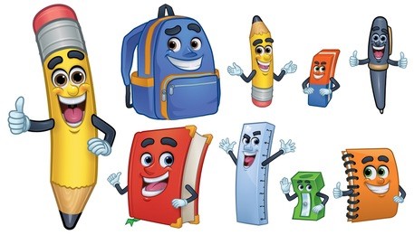 cartoon character school stationery: pencil, book, 
spiral notebook, ballpoint, sharpener, ruler, 
eraser, school bag_vector illustration eps 10