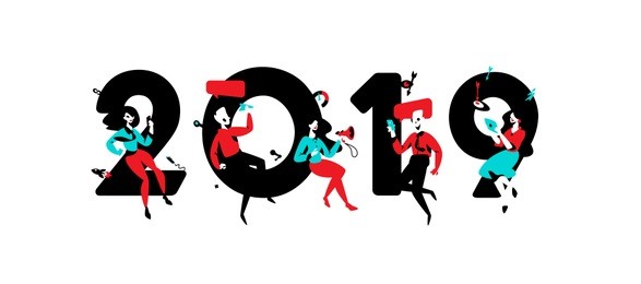 illustration of the new year 2019. vector. employees around the inscription. image is isolated on white background. advertising, developers meet in 2019. calendar of the new year and christmas.