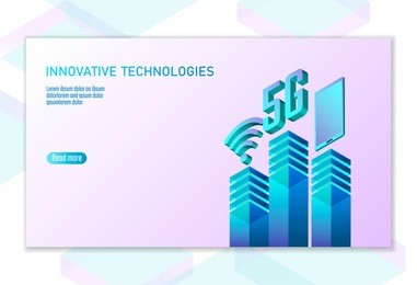 5g new wireless internet wifi connection. smartphone mobile device isometric blue 3d flat. global network high speed innovation connection data rate technology white card banner vector illustration