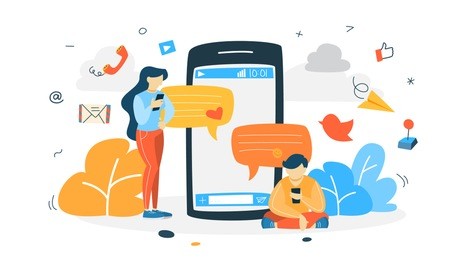 young happy people chatting through the social networks with friends, sending cute emoji such as heart. internet communication. isolated flat vector illustration