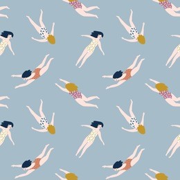 repeated background with figures of young girls in swimsuits. cute vector illustration in hand drawn style. swimming collection. seamless pattern.