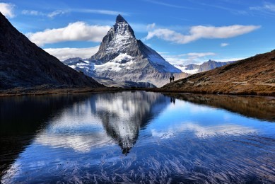 mt matterhorn reflected in riffelsee lake zermatt canton of valais switzerland