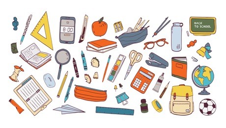 collection of school supplies or stationery. bundle of accessories for lessons, items for education of smart pupils and students isolated on white background. colorful hand drawn vector illustration