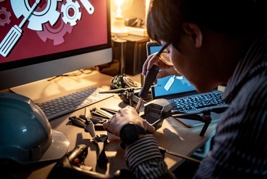 asian technical engineer using screwdriver for repairing drone with computer and other tools on desk. male technician fixing or maintenance drone. unmanned aerial vehicle (uav) photography concept