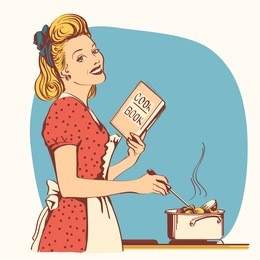 retro young woman in red old fashioned dress cooking soup in her kitchen room.reto style illustration