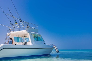 speedboat for tropical fishing yacht on blue sea background with fishing rods and lines