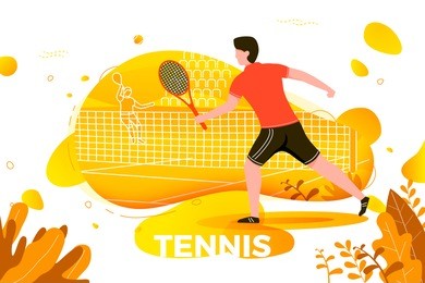 vector illustration - sporty man playing tennis. court, park, trees and hills on green background. banner, site, poster template with place for your text.