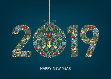 2019  happy new year greeting card on blue background with gold reindeer, gift boxes and  snowflakes. colorful ornament. vector decoration.