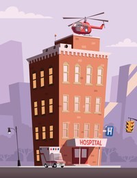 hospital and cityscape in background