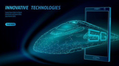 5g new high-speed rail wireless internet wifi concept. global fast higher railway train. low poly dark blue polygonal triangle smartphone dots innovation data rate technology vector illustration