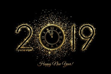 happy new year 2019 - vector new year background with gold clock on black 