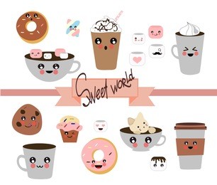 collection of hand drawn. coffee time. different options for coffee and donuts, cookies, muffin. transparent background. vector