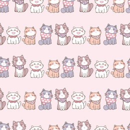 seamless pattern of cute cartoon cat illustration on pastel pink background