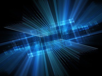 abstract background element. fractal graphics 3d illustration. symmetric composition of repeating grids. information technology concept. blue and black colors.