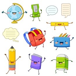 set of cartoon characters of school supply items with happy faces