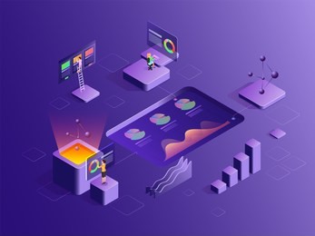 isometric design with working people or analysts, analysis company growth and success with the help of infochart, pie and bar graph for data analysis concept.