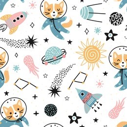 cute fixes astronauts flying in open space from the planet and rockets. funny kids seamless pattern. vector illustration.