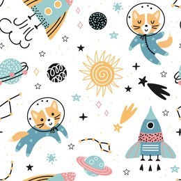 seamless pattern with funny foxes astronauts in space with rockets and stars. vector illustration for children.