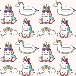 seamless cute unicorn pattern with  rainbow, clouds and unicorn swimming pool float. magical baby background. summer vacation holiday illustration