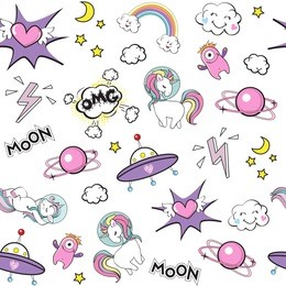 space stickers funny unicorn seamless pattern on a white background