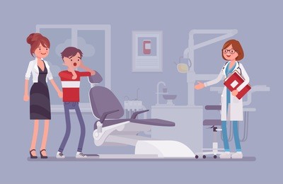 visit to the dentist. mother and son with dental fear, anxiety or phobia keep doctor appointment in hospital room or clinic. medicine and healthcare concept. vector flat style cartoon illustration