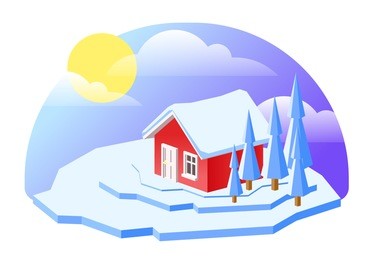 vector illustration of isometric cute house on hill. isolated winter day view.