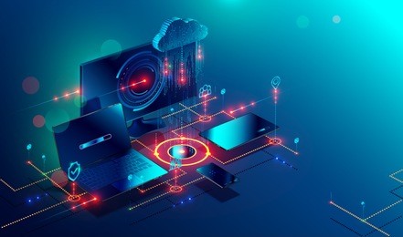 cloud storage communication with computer, laptop, tablet and smartphone in home or work network. online devices upload, download information, data in database on cloud services. isometric concept.