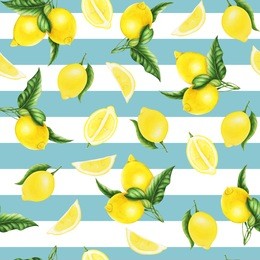 seamless pattern with lemon, half and slice of lemon and leaves, watercolor painting