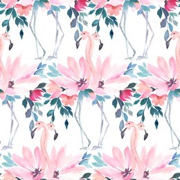 watercolor dancing flamingos. hand drawn floral illustration. abstract seamless pattern