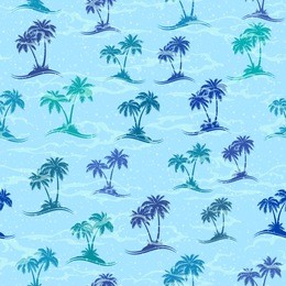 exotic seamless pattern, tropical landscape, sea islands with palms trees green and turquoise silhouettes on blue tile background. 