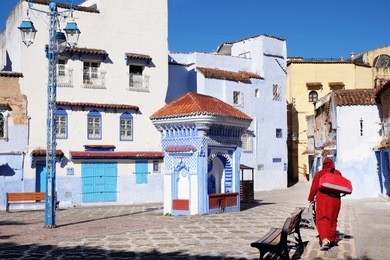 small streets in blue and white in the kasbah of old city rabat in marocco on sunny day