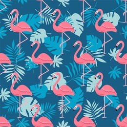 flamingo bird and tropical flowers background - retro seamless pattern