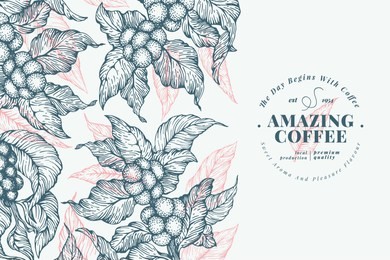coffee tree banner template. vector illustration. retro coffee background. hand drawn engraved style illustration.