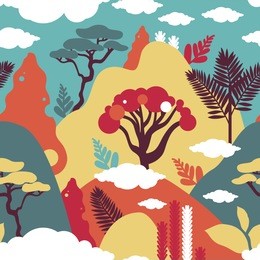 seamless pattern. mountain hilly landscape with tropical plants and trees, palms, succulents. scandinavian style. environmental protection, ecology. park, exterior space, outdoor. vector illustration.