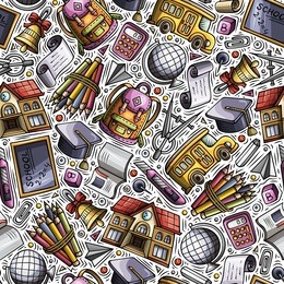 cartoon hand-drawn back to school seamless pattern. lots of symbols, objects and elements. perfect funny vector background.