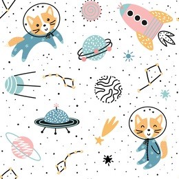 seamless pattern with cute fox astronaut, planet, star and ufo. vector illustration for children.