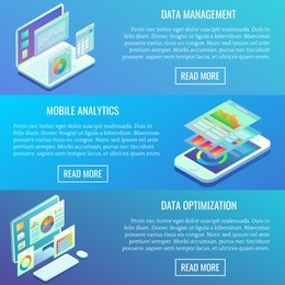 flat isometric horizontal analytics banner set. data management, mobile analytics, data optimization concept design elements.
