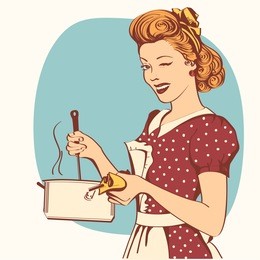 retro young woman in retro clothes cooking soup in her kitchen room.vector color illustration