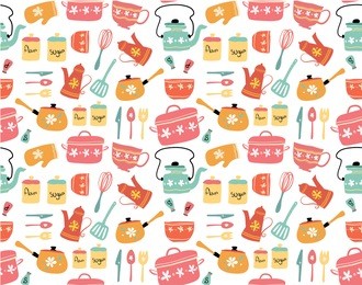 hand drawn vector pastel vintage kitchen seamless pattern