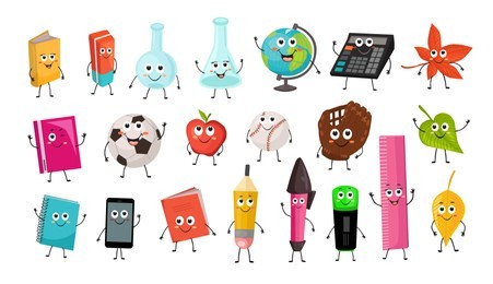 cute cartoon school characters collection. vector illustration of school objects isolated on white background. back to school funny smileys.