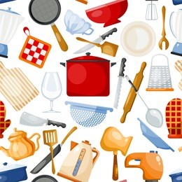 kitchenware vector cookware for cooking and kitchen utensils or cutlery for kitchener illustration tableware in kitchenette set seamless pattern background